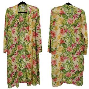 Vtg 70's Leslie Fay‎ Duster Coverup Coconut Girl Tropical Pink Lily Yellow 10P